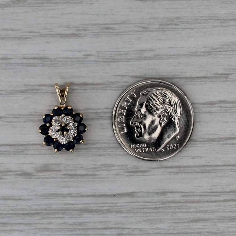 0.55ctw Blue Sapphire Flower Pendant 10k Yellow Gold Diamond Accents Small Drop