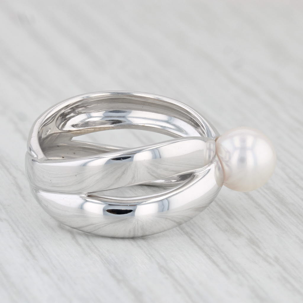 Light Gray Akoya Cultured Pearl Solitaire Ring 18k White Gold Size 8 Double Band
