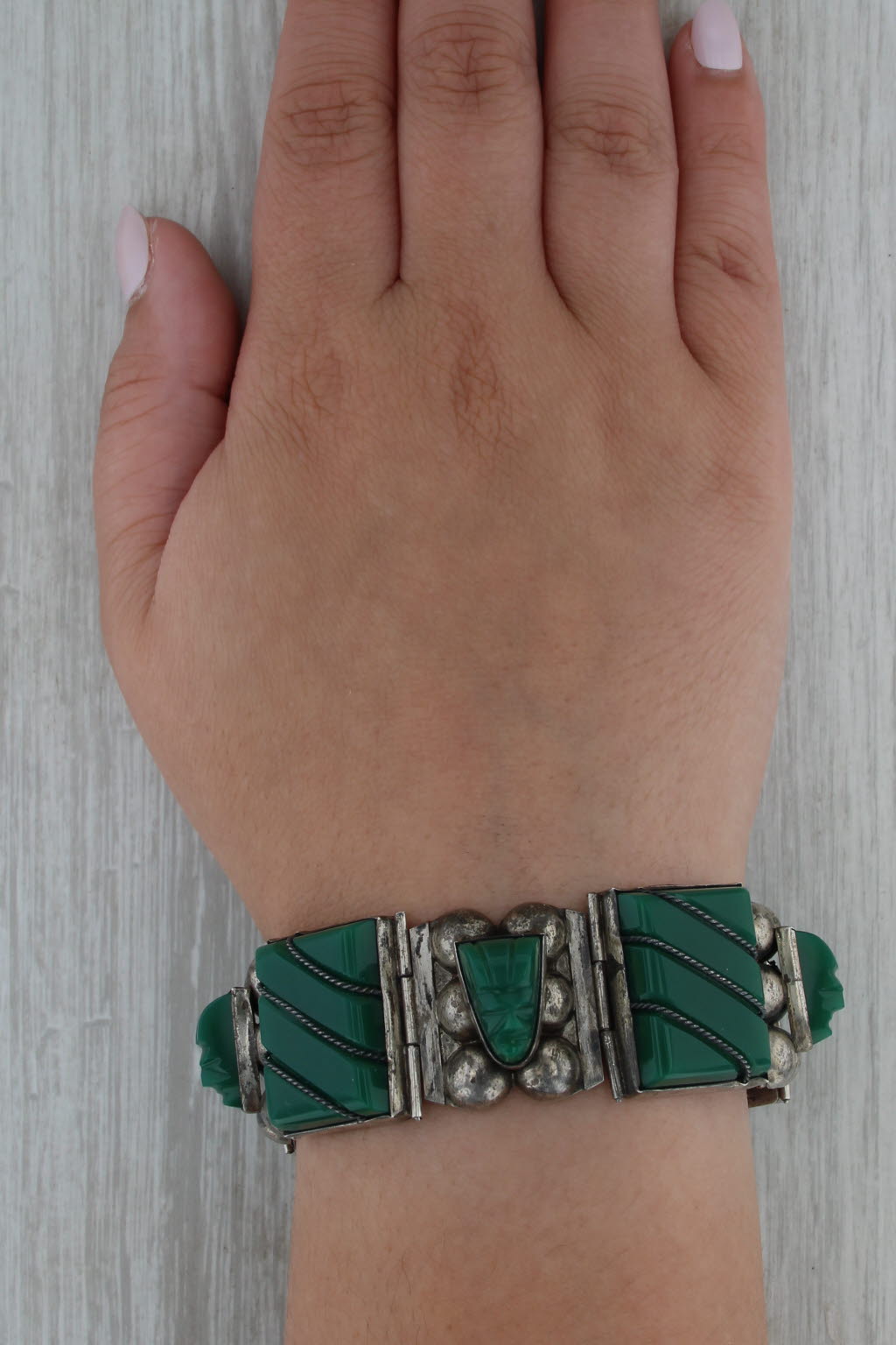 Vintage Green Glass Sterling Silver Mexico 7" Carved Tibal Faces Statement
