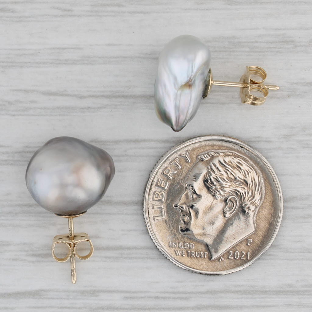 Gray Baroque Gray Black Cultured Pearl Stud Earrings 14k Yellow Gold