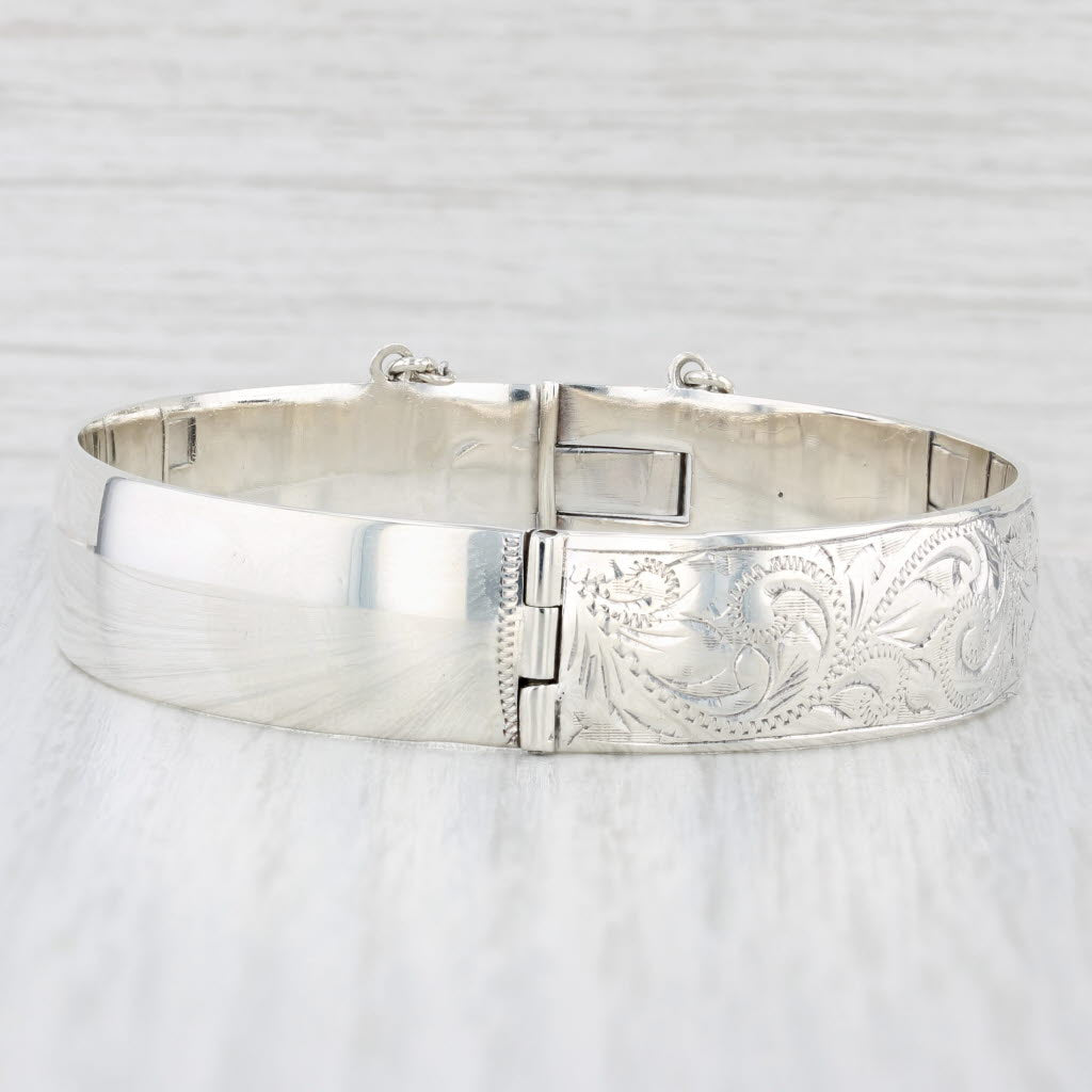 Light Gray Vintage Floral Etched Bangle Bracelet Sterling Silver Statement 7.5" Felicity