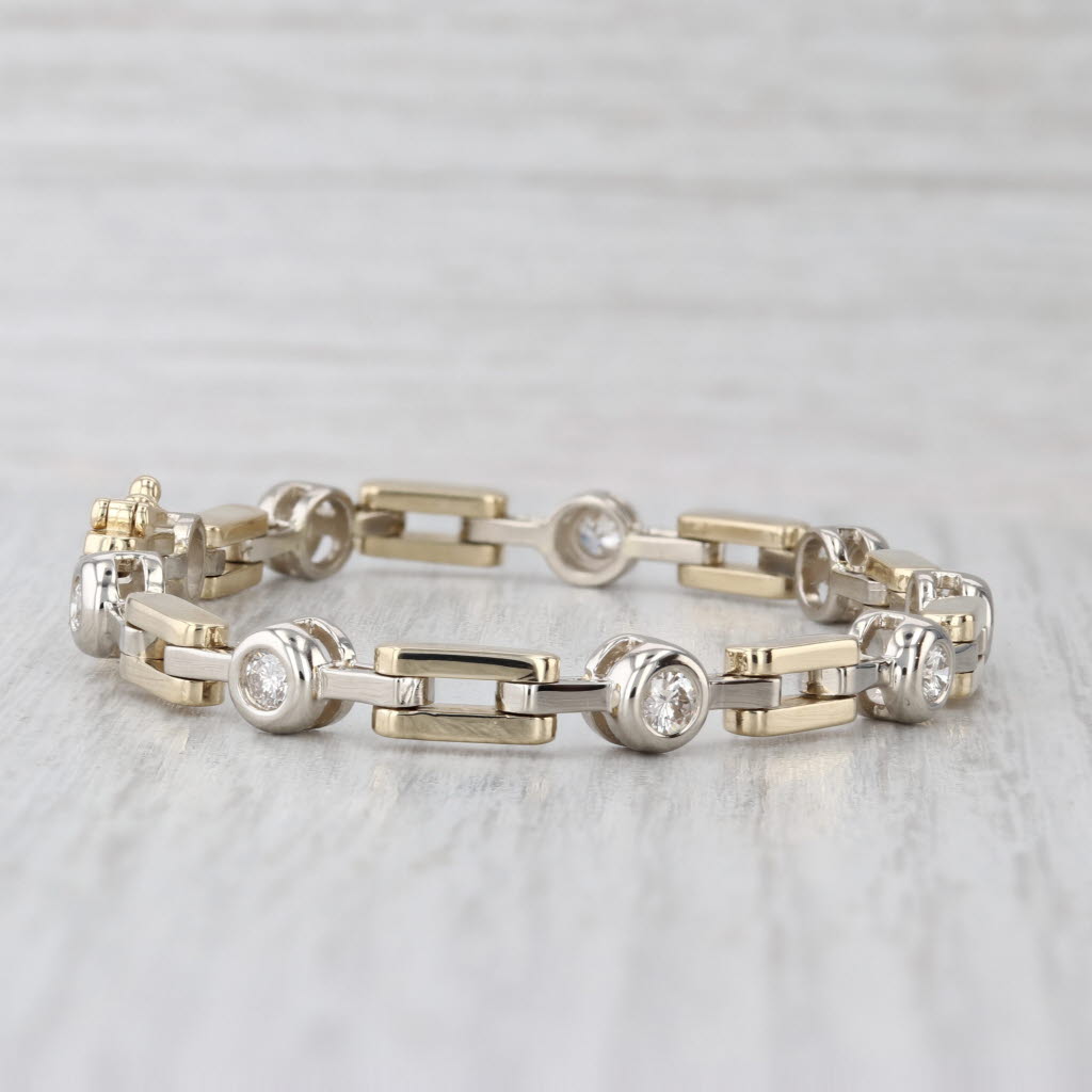 1ctw Diamond Bar & Circle Link Bracelet 14k Yellow White Gold 6.75" 5.7mm