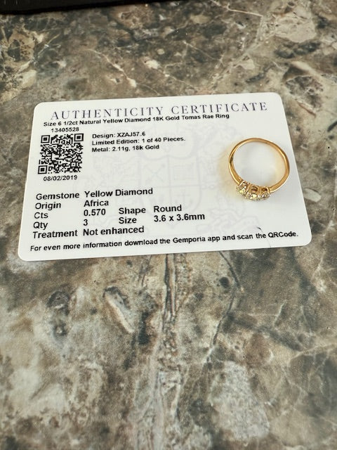 0.48ctw Yellow Diamond 3-Stone Ring 18k Yellow Gold Engagement Size 6.25