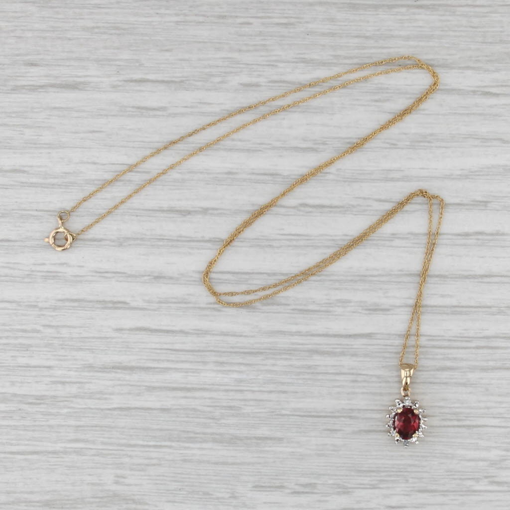 0.45ct Oval Garnet Diamond Pendant Necklace 14k Yellow Gold 18.25" Rope Chain