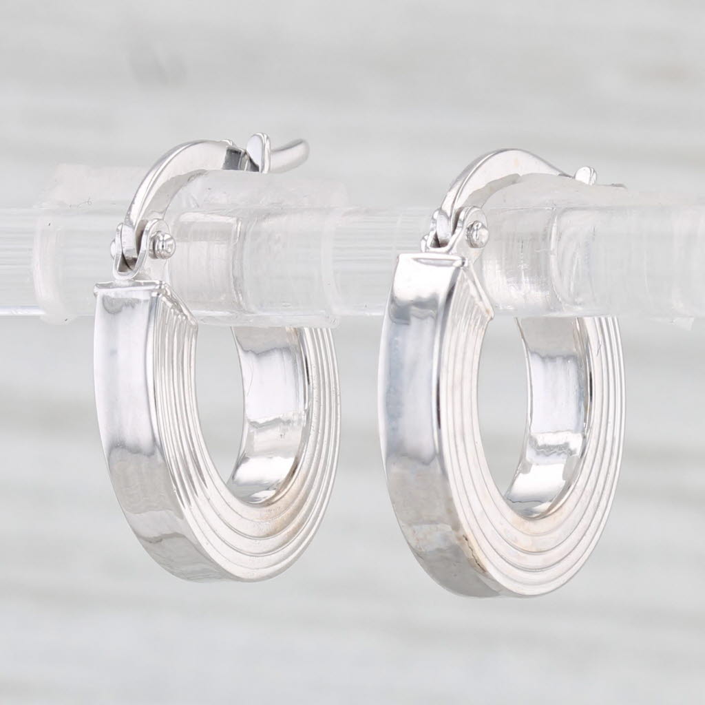 Light Gray Beveled Hoop Huggie Earrings 14k White Gold Snap Top Round Hoops
