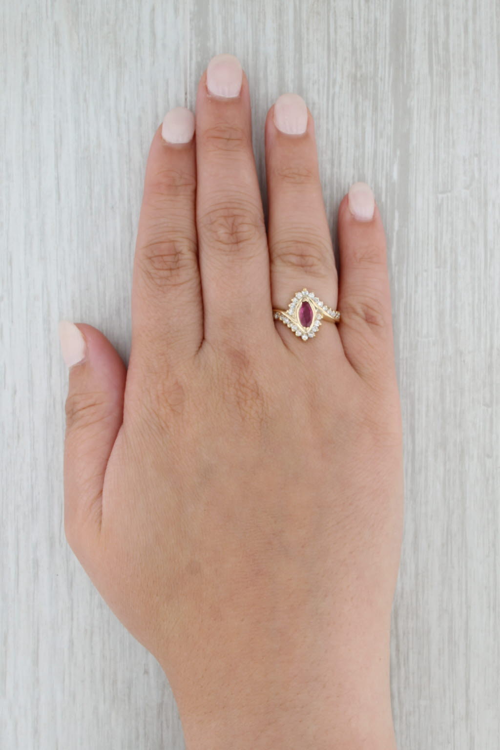 0.92ctw Marquise Ruby Diamond Bypass Ring 14k Yellow Gold Size 6.75