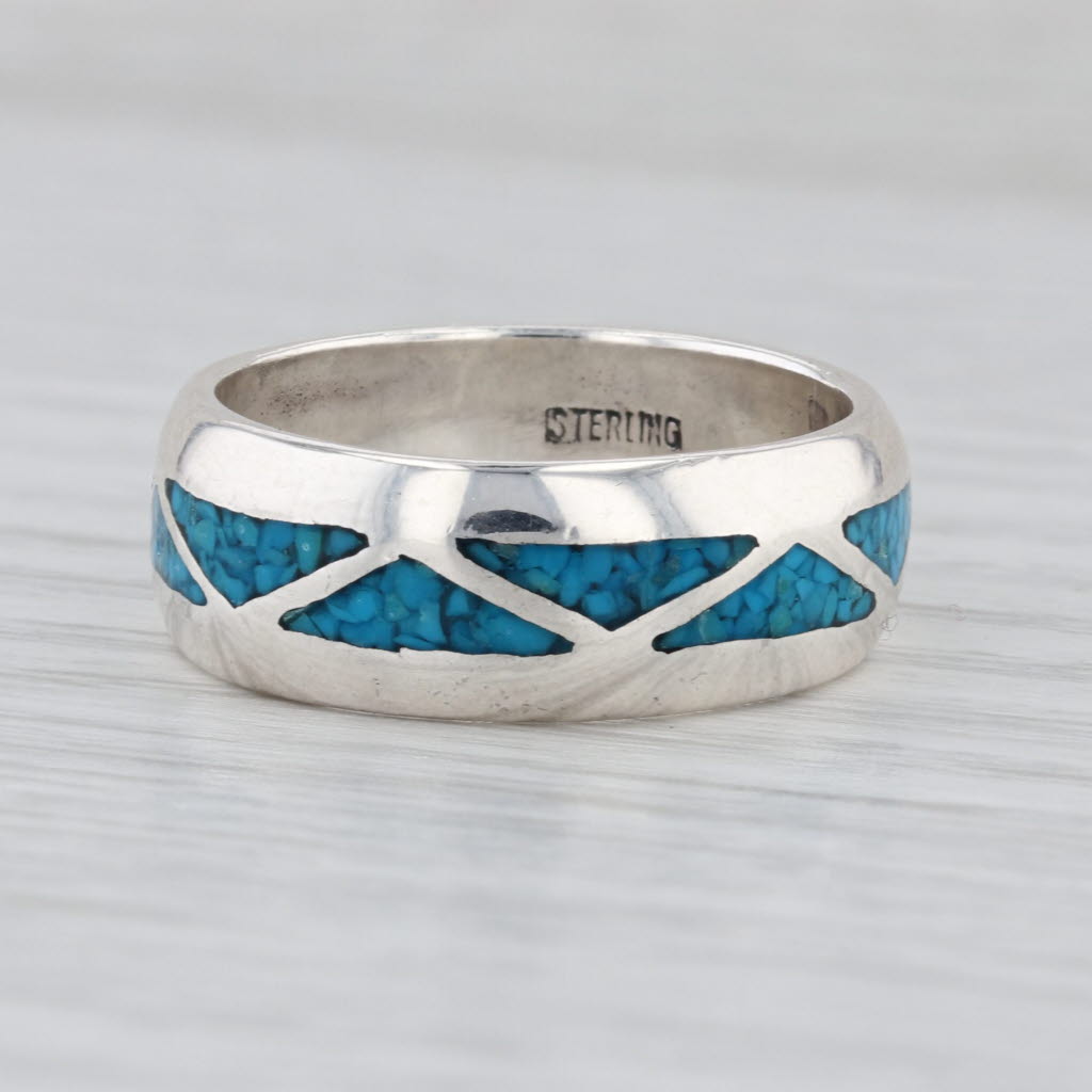 Imitation Turquoise Blue Resin Mosaic Inlay Ring Sterling Silver Size 9 Band