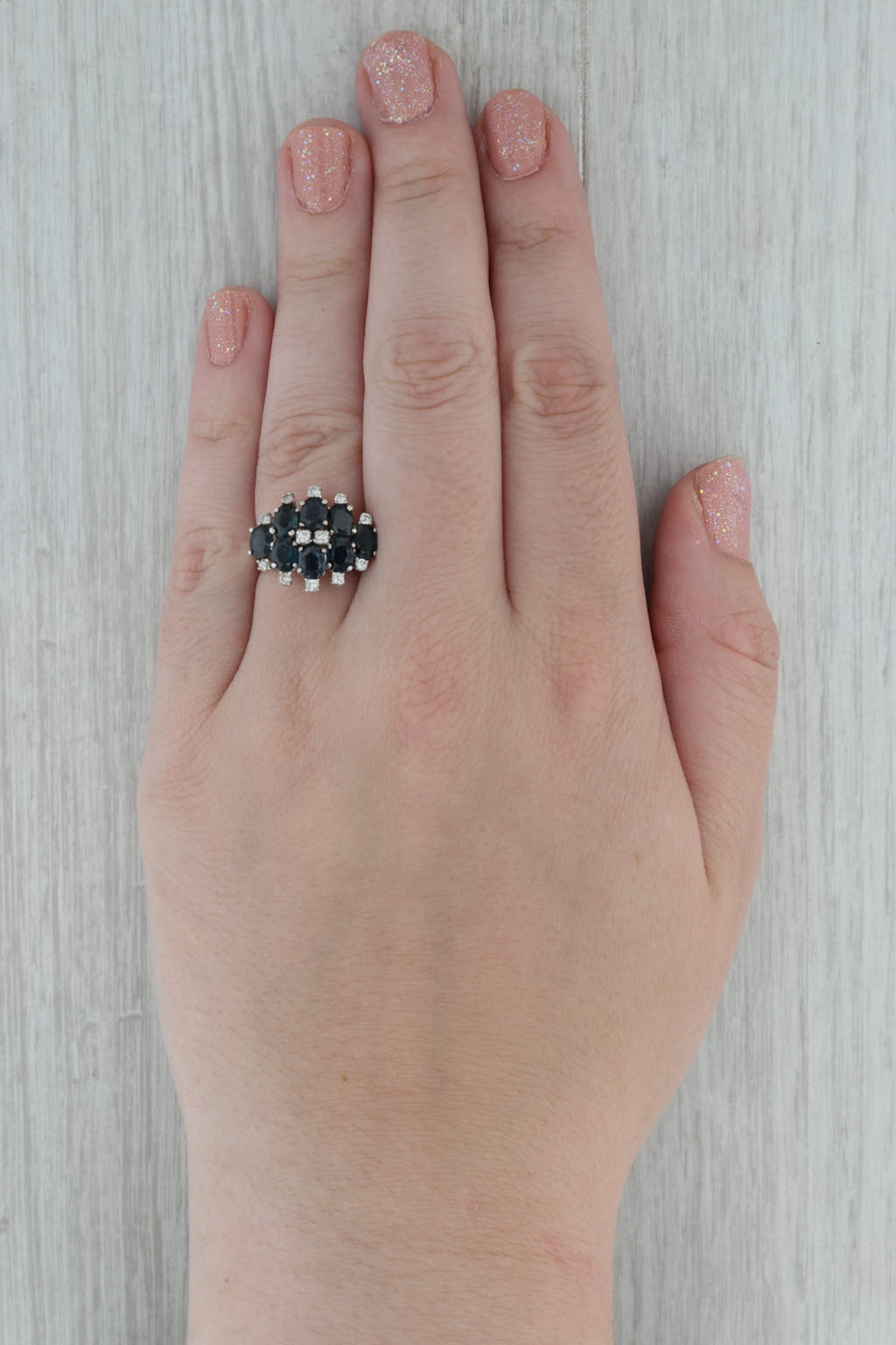 Dark Gray 4.25ctw Blue Sapphire Diamond Cluster Ring 14k White Gold Size 8 Cocktail