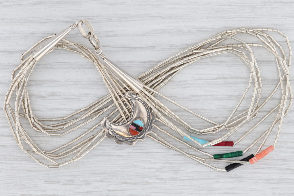 Light Gray Liquid Silver Bead Crescent Moon Necklace Sterling Silver Resin 22" Southwestern