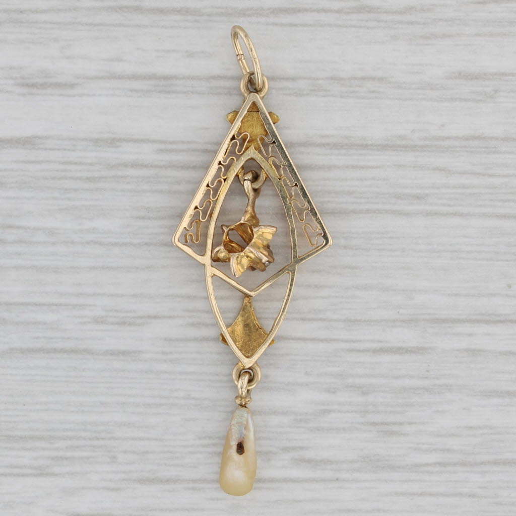 Gray Antique Lavalier Pendant Pearl Diamond 14k Yellow Gold Filgiree