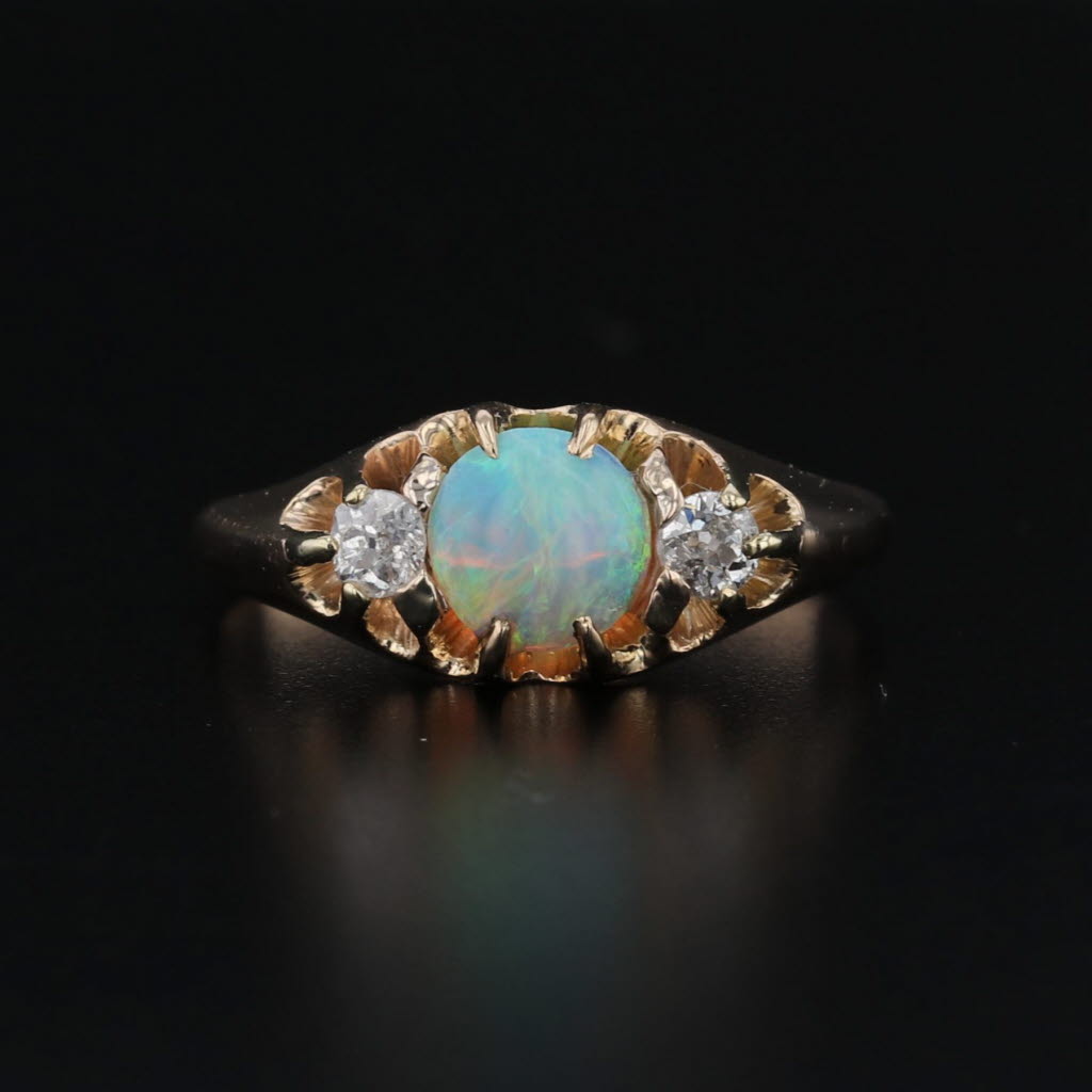 Antique Opal Cabochon Diamond Ring 14k Yellow Gold Size 5.25