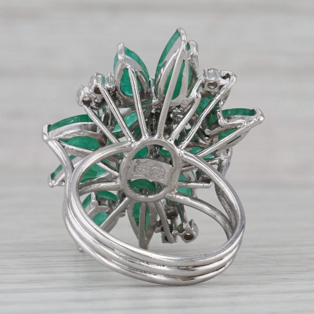 Gray 6.28ctw Emerald Damond Flower Cocktail Ring 14k White Gold Size 6.5-6.75