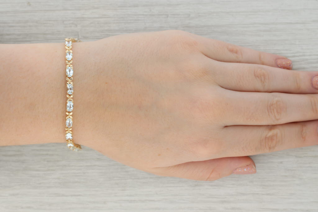 Tan 6.80ctw Oval Aquamarine Floral Tennis Bracelet 14k Yellow Gold 7" 4.2mm