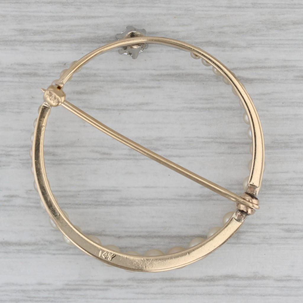 Gray Vintage Pearl Diamond Circle Brooch 14k Yellow White Gold Pin
