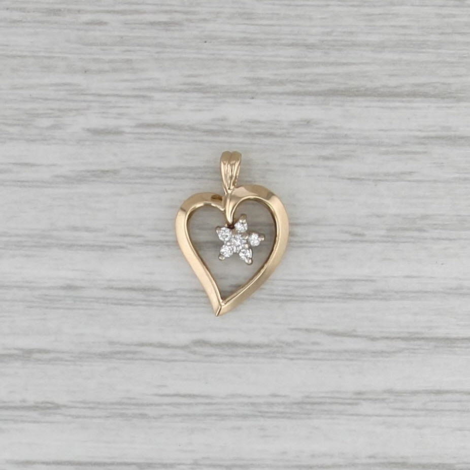 Diamond Flower Open Heart Pendant 14k Yellow Gold Small Drop