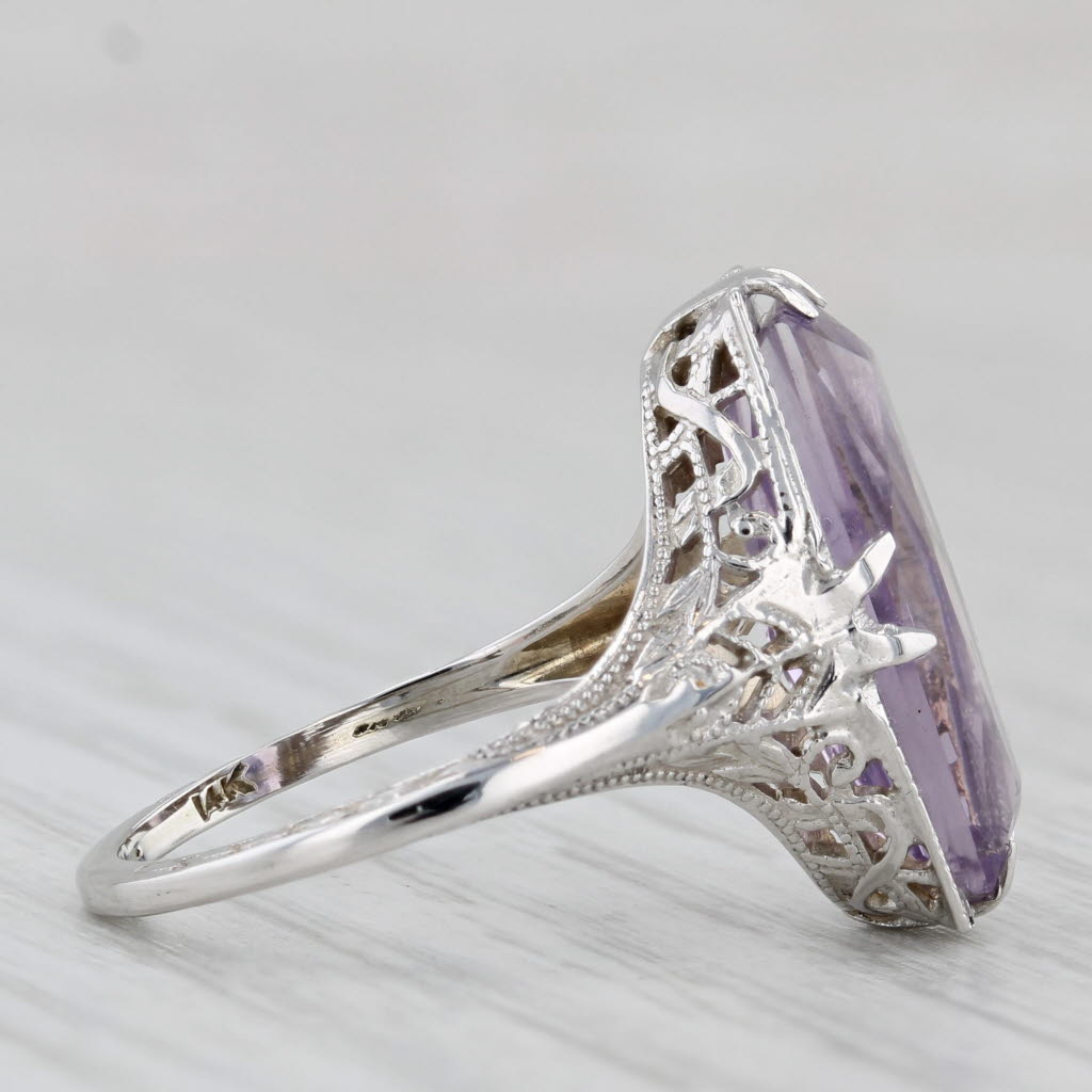 Gray Vintage Amethyst Solitaire Ring 14k White Gold Filigree Size 6.5