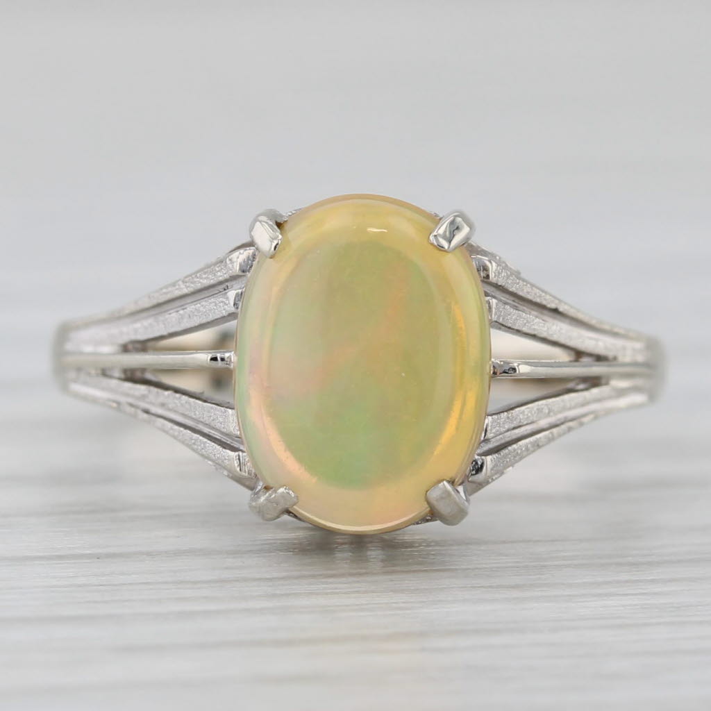 Gray Rainbow Yellow Opal Solitaire Ring 14k White Gold Size 6.25