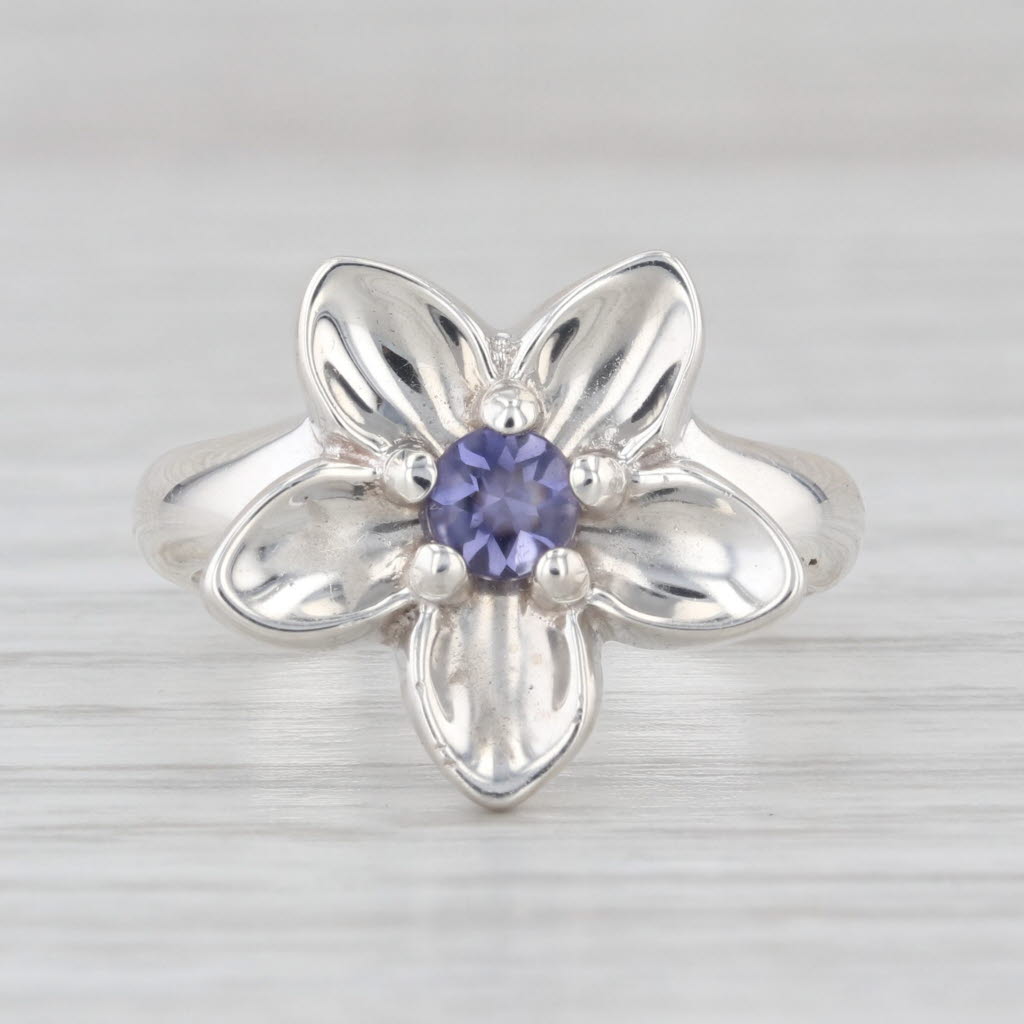 Tiffany & Co 0.20ct Iolite Solitaire Flower Ring Sterling Silver Size 6