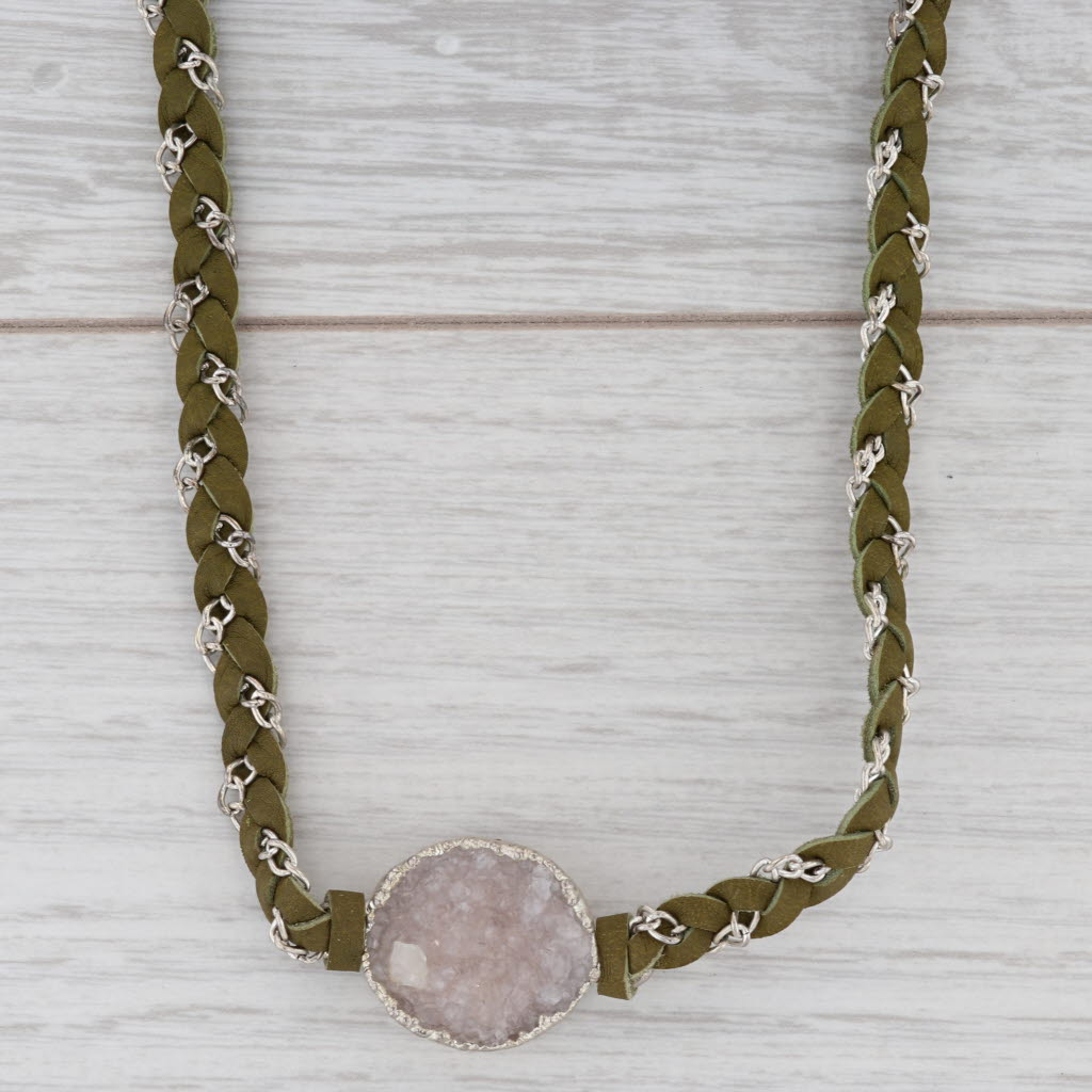New Nina Wynn Cordelia Woven Necklace White Druzy Quartz Pendant Green Leather