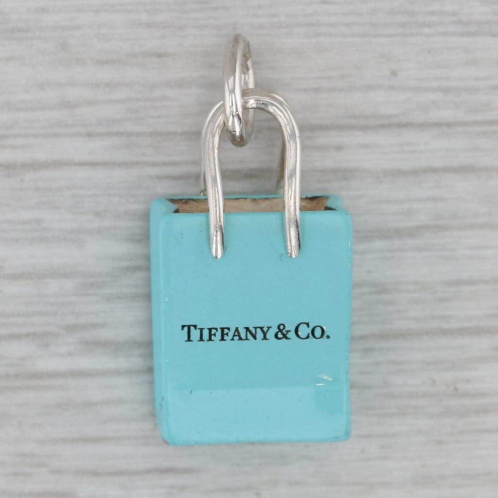 Gray Tiffany & Co Silver Blue Enamel Shopping Bag Charm Sterling Silver Pendant