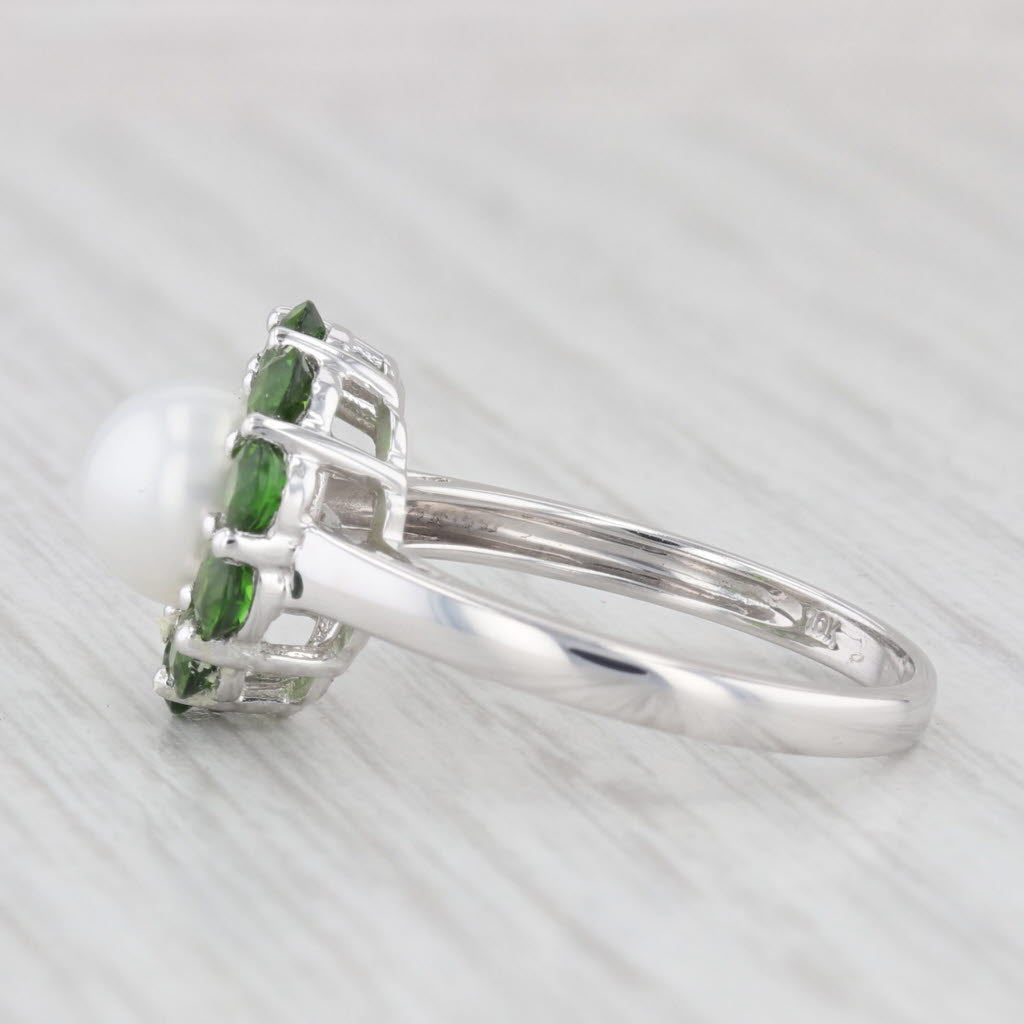 Light Gray Cultured Pearl Green Chrome Diopside Halo Ring 10k White Gold Size 7