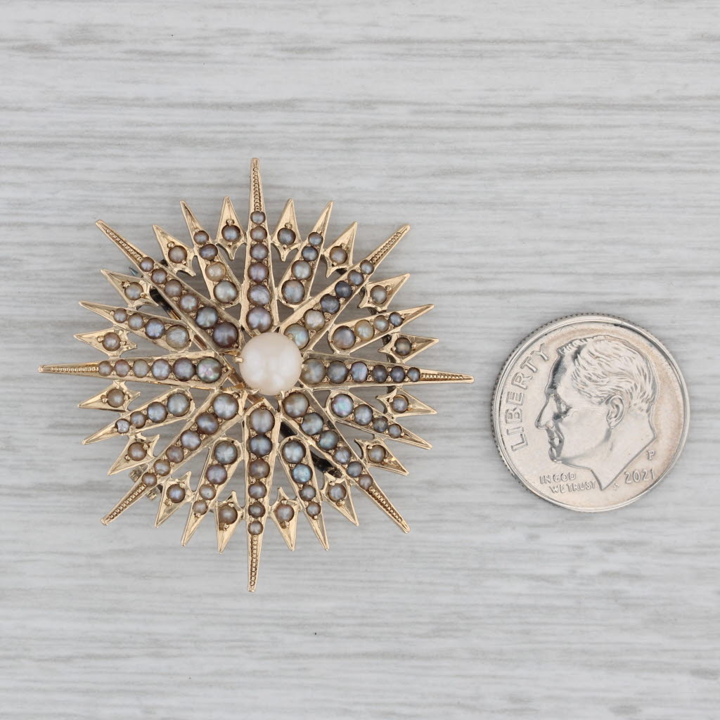 Gray Imitation Pearl Sun Brooch 14k Yellow Gold Vintage Pin