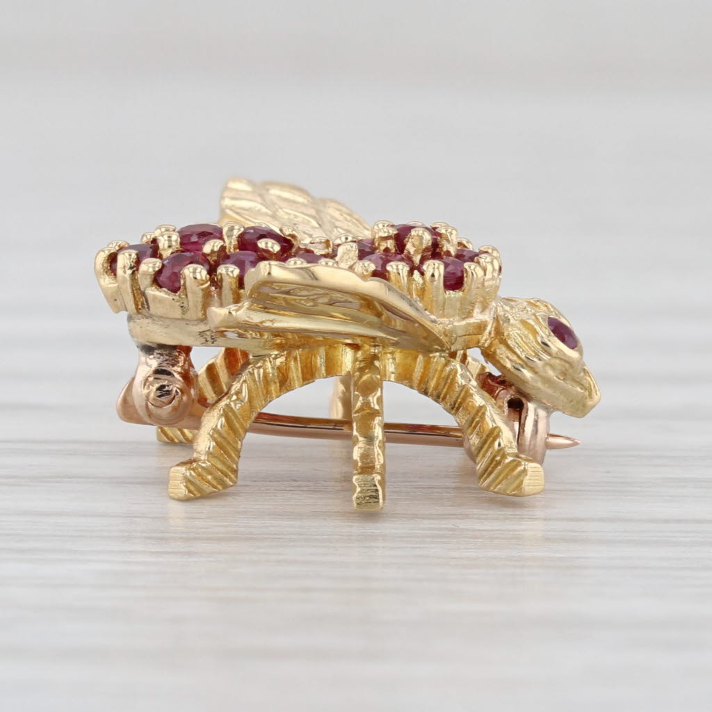 0.58ctw Ruby Bee Pin 18k Yellow Gold Signed HB Small Insect Bug Jewelry