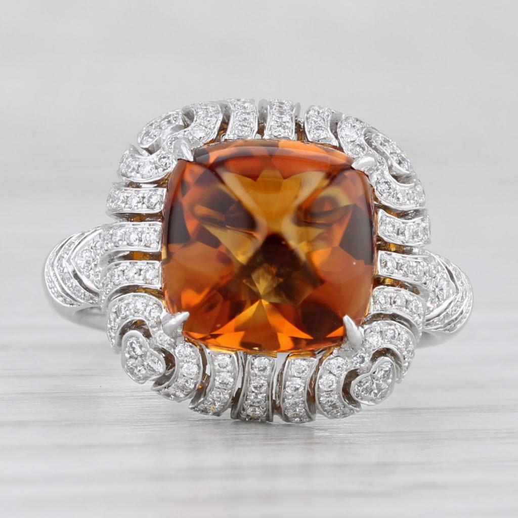 Light Gray New 6.80ctw Sugarloaf Citrine Diamond Ring 18k White Gold Size 6.5 Cocktail