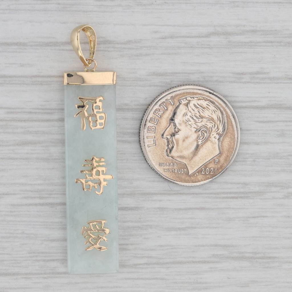 Gray Chinese Calligraphy Pendant 14k Yellow Gold Green Jadeite Jade Luck Health Love