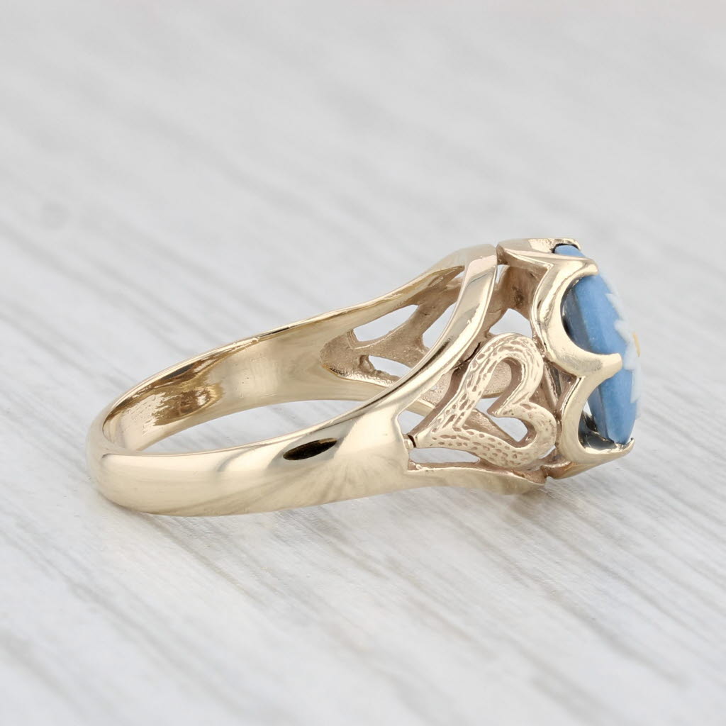 Light Gray Ceramic Wedgewood Flower Ring 10k Yellow Gold Size 5.25 Heart Accents Vintage