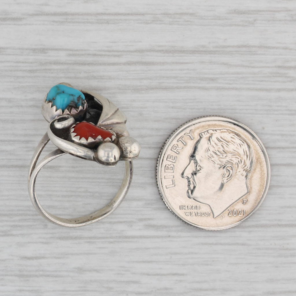 Gray Vintage Native American Coral Turquoise Statement Ring Sterling Silver Size 4.5