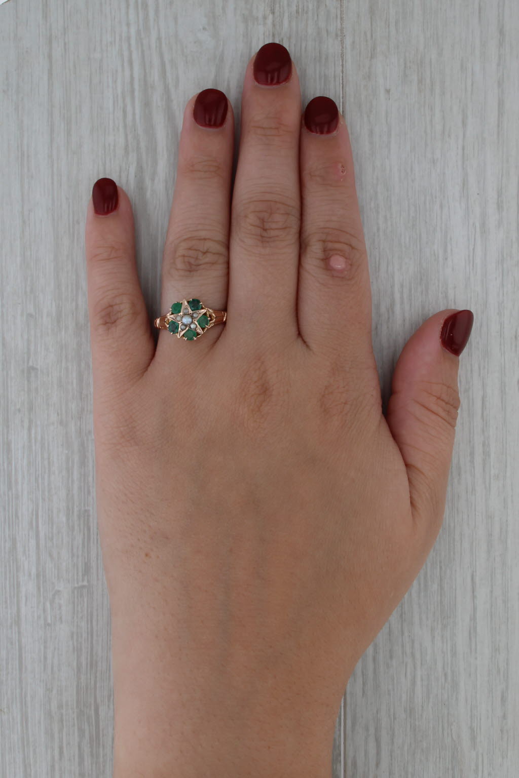 Antique Green Stone Flower Ring 10k Gold Emerald Garnet Glass Imitation Pearls