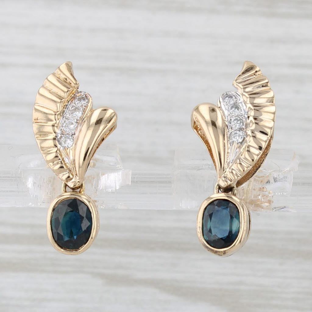 Light Gray 0.86ctw Blue Sapphire Diamond Drop Earrings 14k Yellow Gold