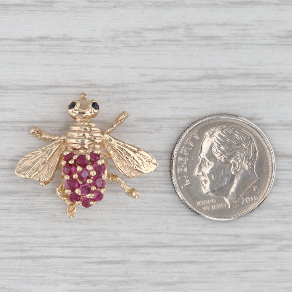 Gray 0.58ctw Ruby Sapphire Bee Pin 14k Yellow Gold Brooch Insect Jewelry