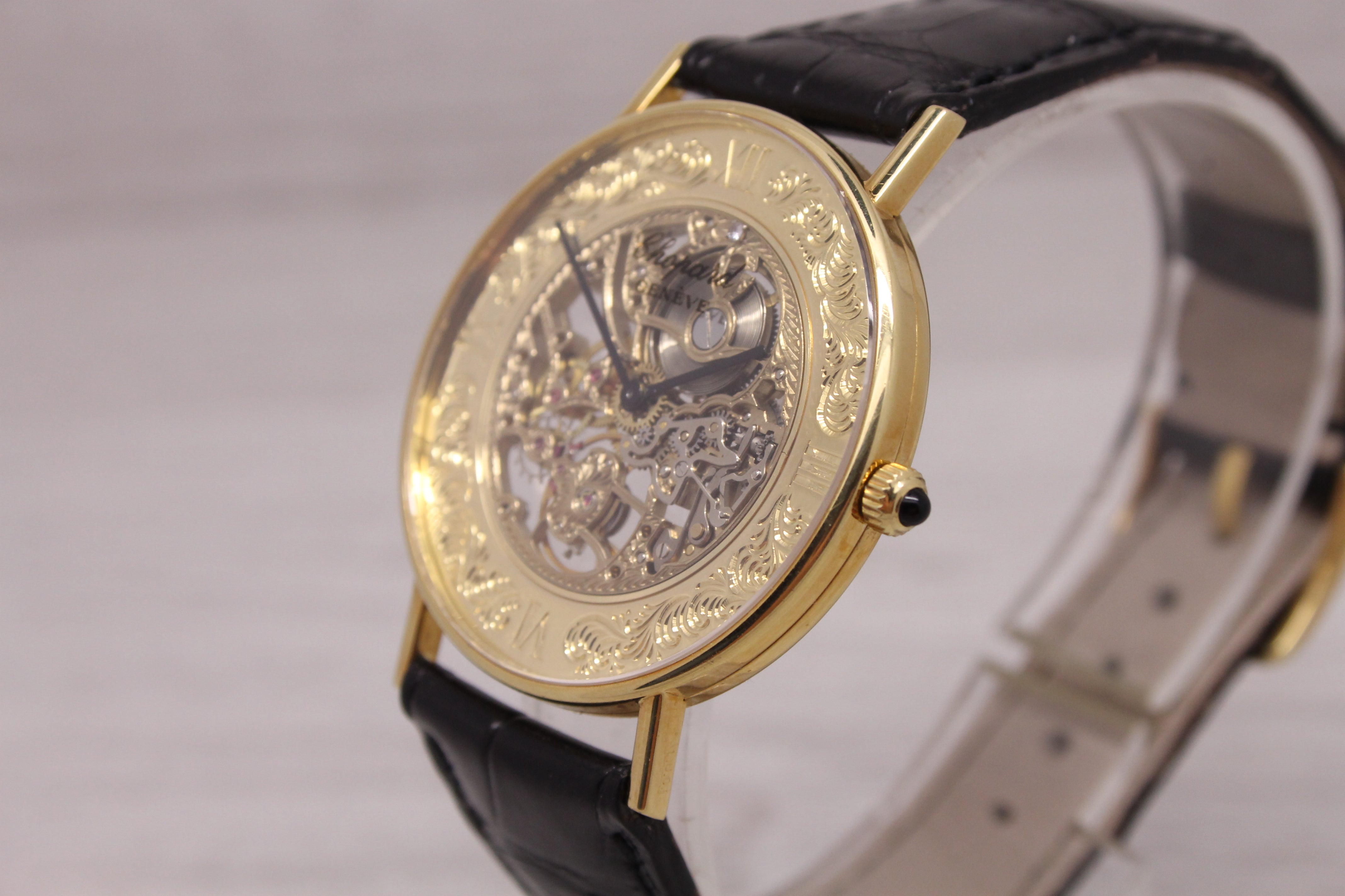 Dark Gray Vintage Chopard 18k Yellow Gold Skeleton Watch ref.161032 w Box & Band Very Rare