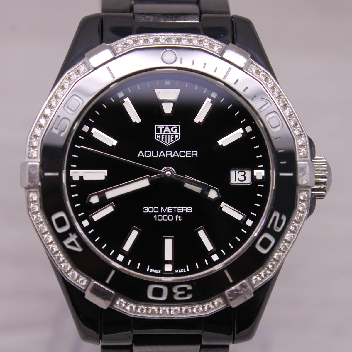 Tag Heuer Unisex Aquaracer Diamond Trim Black Face Quartz Watch 35mm Steel Box TAG Heuer Aquaracer 300m Diamond Dial Polished Steel  main image 3