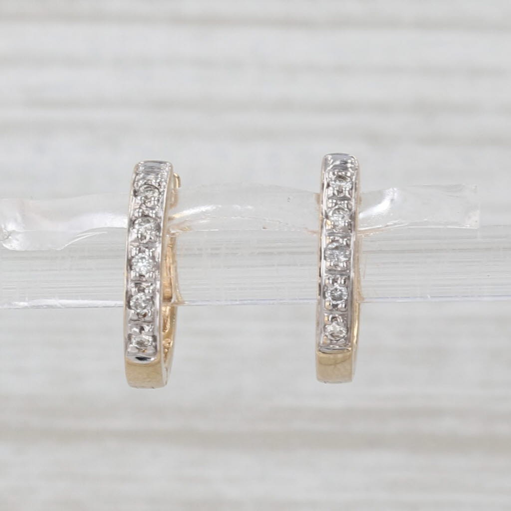 Small Diamond Hoop Huggie Earrings 14k Yellow Gold Hinged Snap Top Hoops