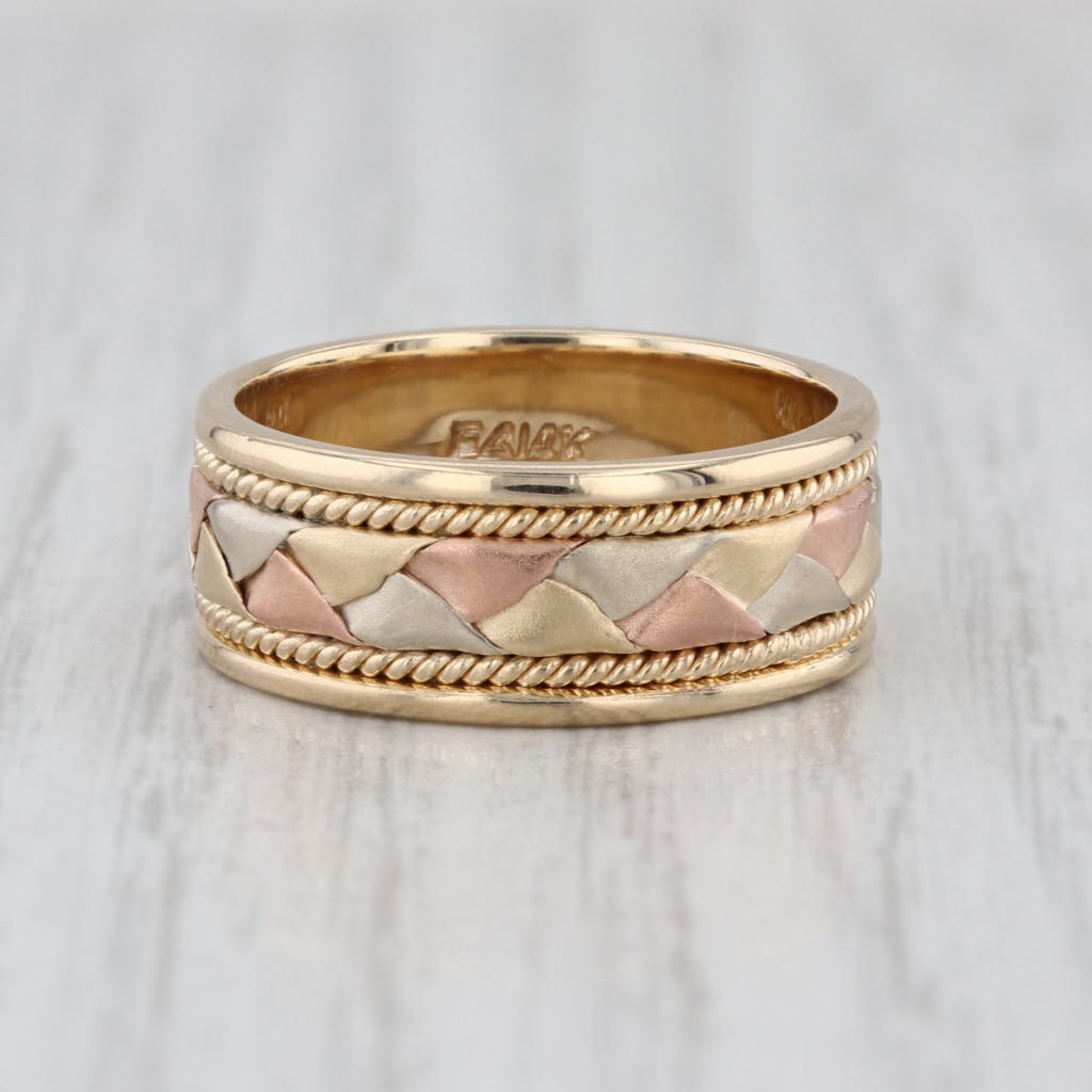 Woven Tri-Toned Gold Band 14k Yellow Rose White Gold Wedding Ring Size 6.75