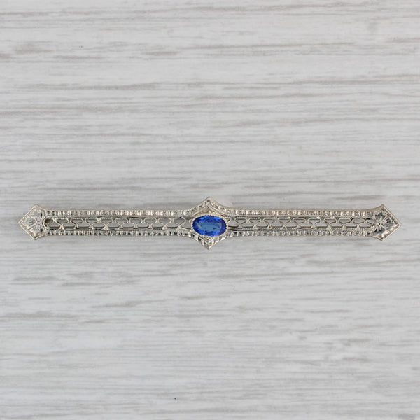 Art Deco 0.35ct Blue Lab Created Sapphire Filgiree Bar Pin 14k White Gold