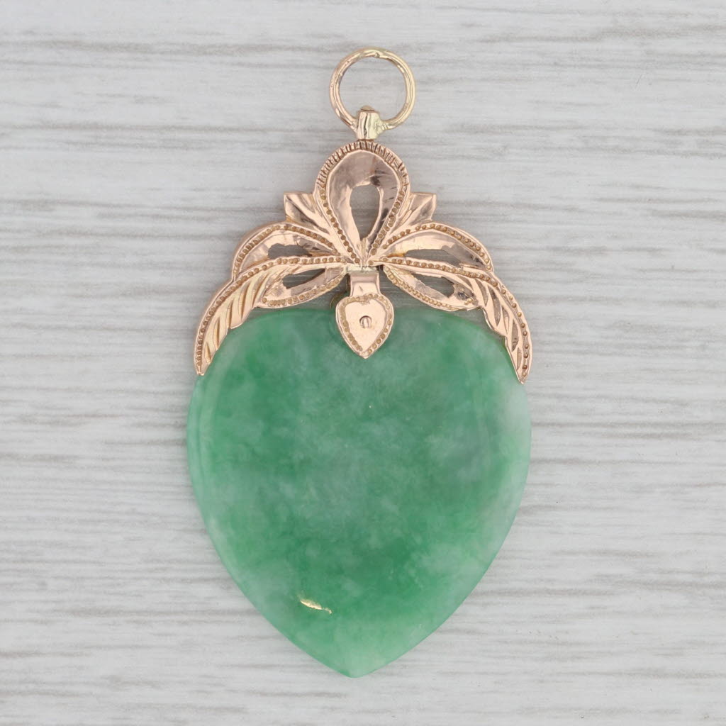 Gray Carved Green Jade Heart Pendant 10k Yellow Gold