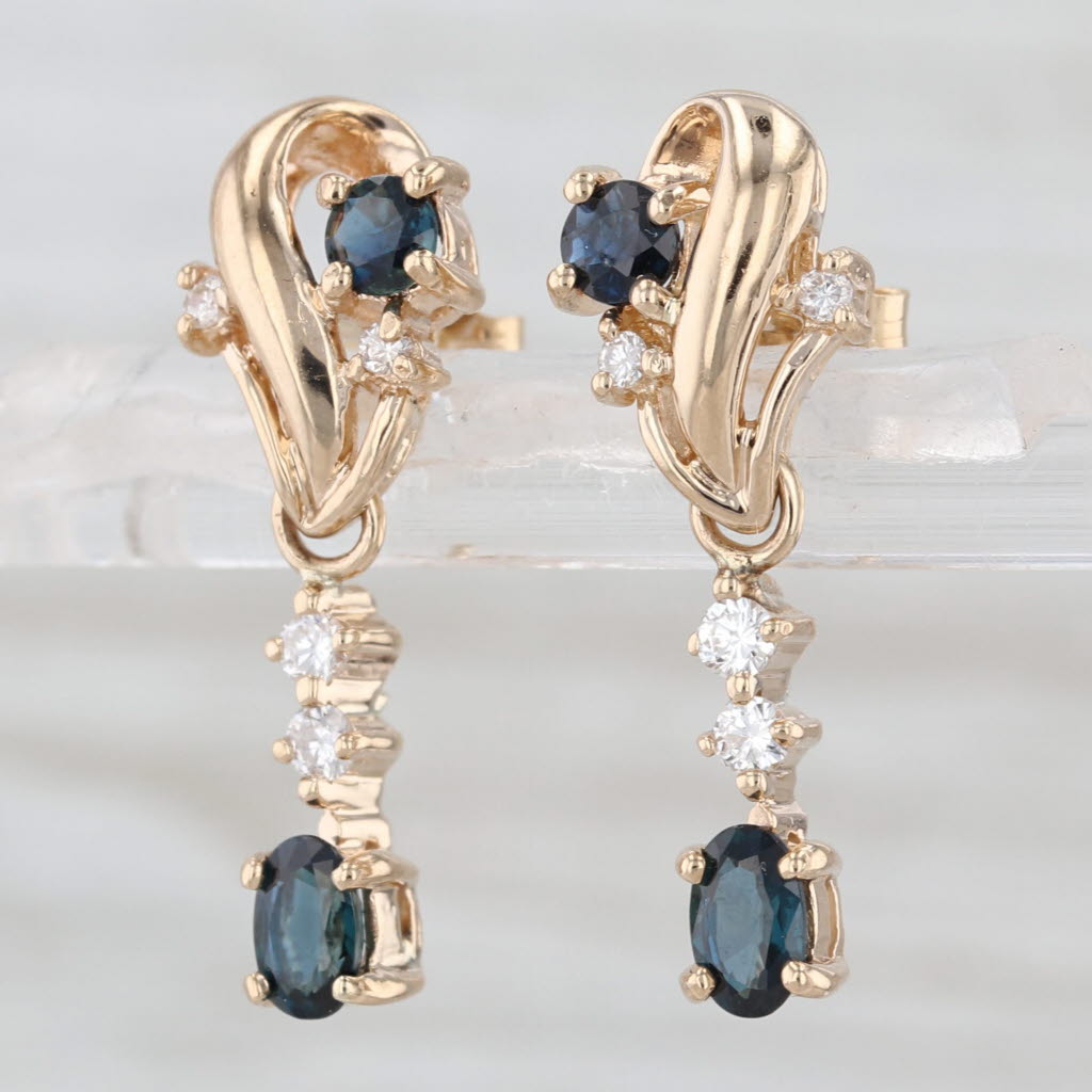 1.10ctw Blue Sapphire Diamond Dangle Earrings 14k Yellow Gold Drops