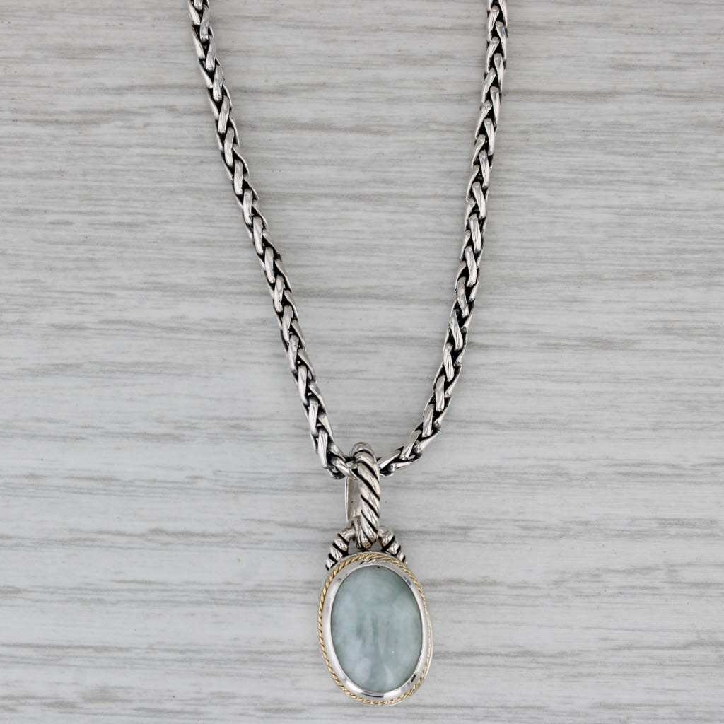 Gray Effy Jadeite Jade Pendant Necklace Sterling Silver 18k Gold 18" Wheat Chain