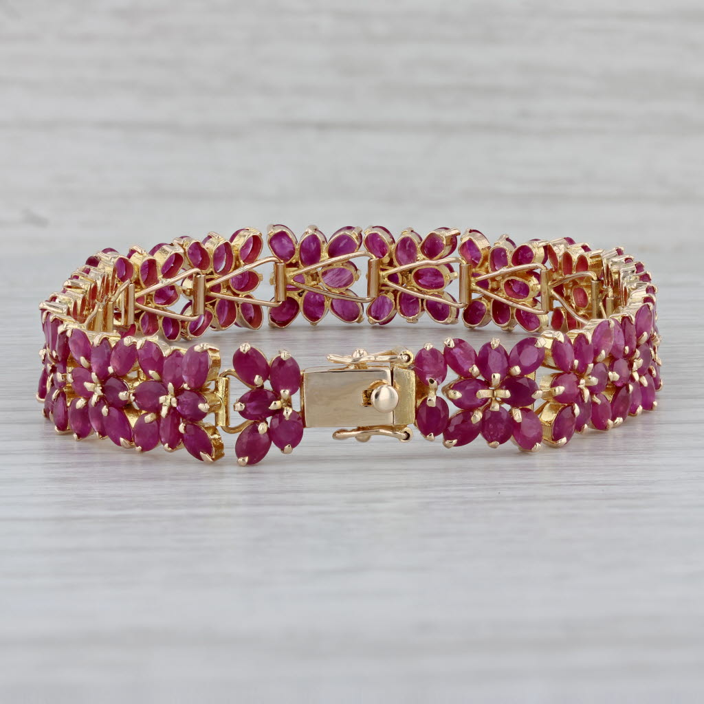 Gray 38ctw Ruby Flower Tennis Bracelet 14k Yellow Gold 7.5" 10.9mm