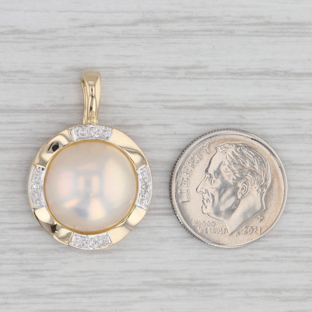 Gray Mabe Pearl Diamond Button Enhancer Pendant 14k Yellow Gold Clip Bail