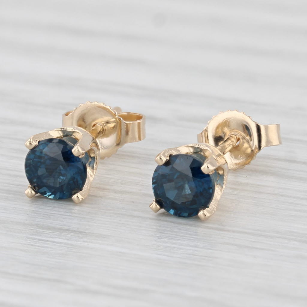 Light Gray 0.98ctw Blue Sapphire Stud Earrings 14k Yellow Gold Round Solitaire Studs
