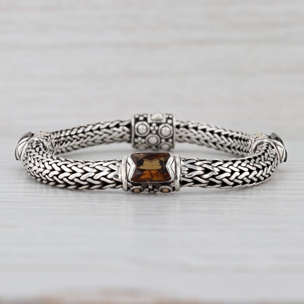 John Hardy Smoky Quartz Station Bracelet Sterling Silver 18k Gold Wheat Chain