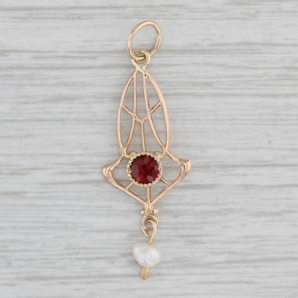 Gray Vintage Baroque Pearl Garnet Pendant 10k Yellow Gold Lariat