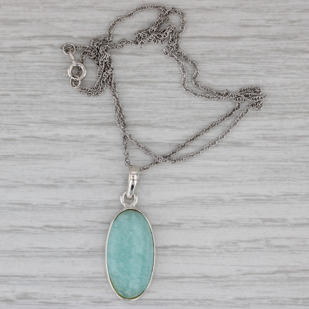Gray Amazonite Oval Cabochon Pendant Necklace Sterling Silver 18" Rope Chain