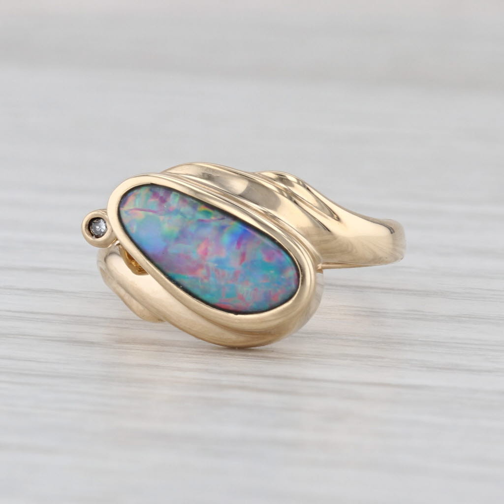 Multicolor Opal Diamond Bypass Ring 14k Yellow Gold Size 6.5