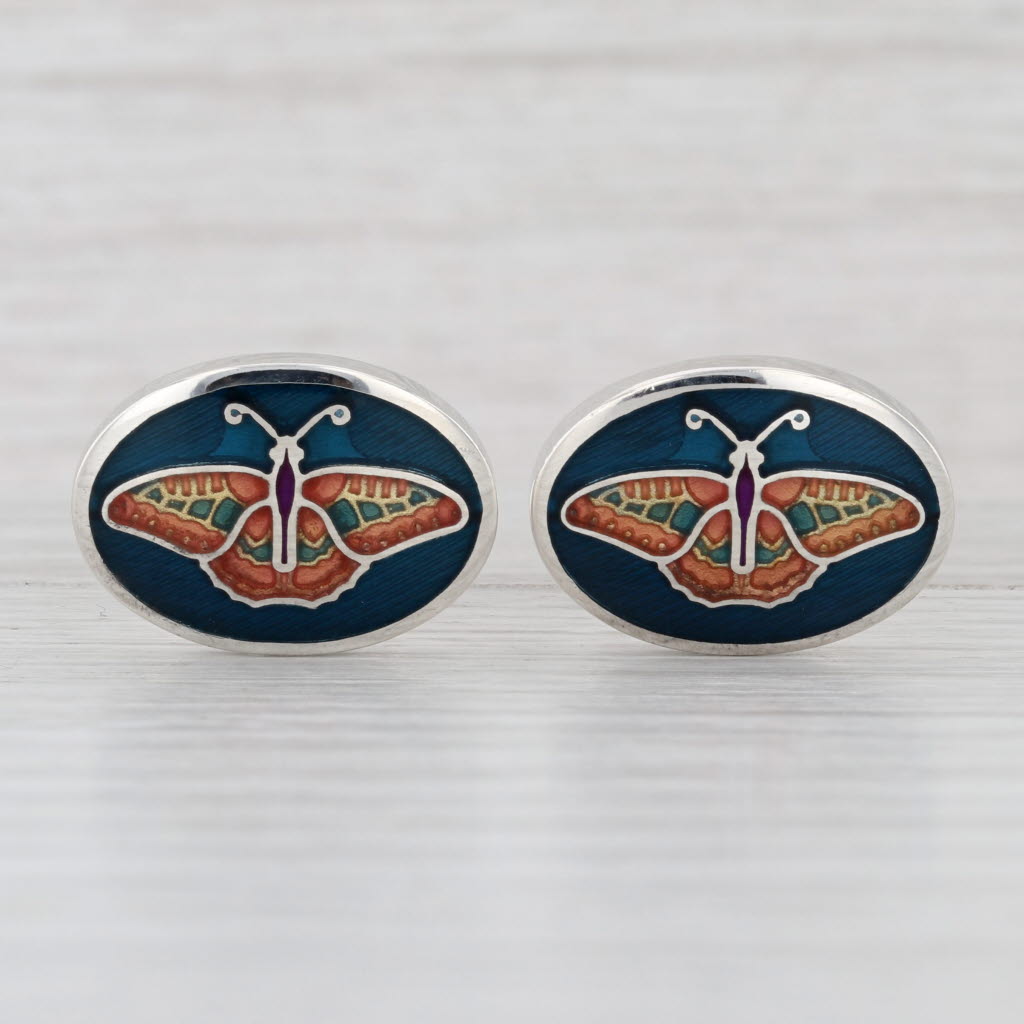 Ornate Butterfly Cufflinks Sterling Silver Vibrant Enamel British